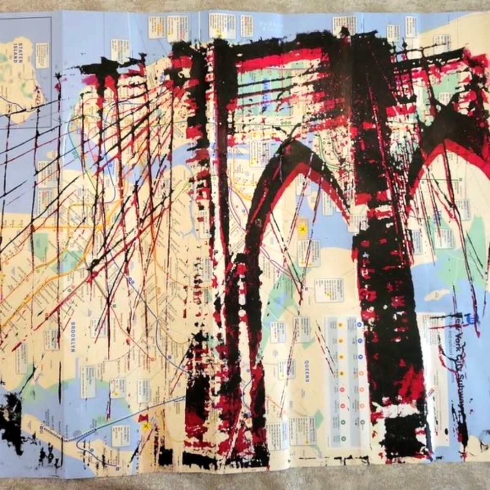 Handpainted Brooklyn Bridge Painting Acrylic Urban Art on NYC Subway Map